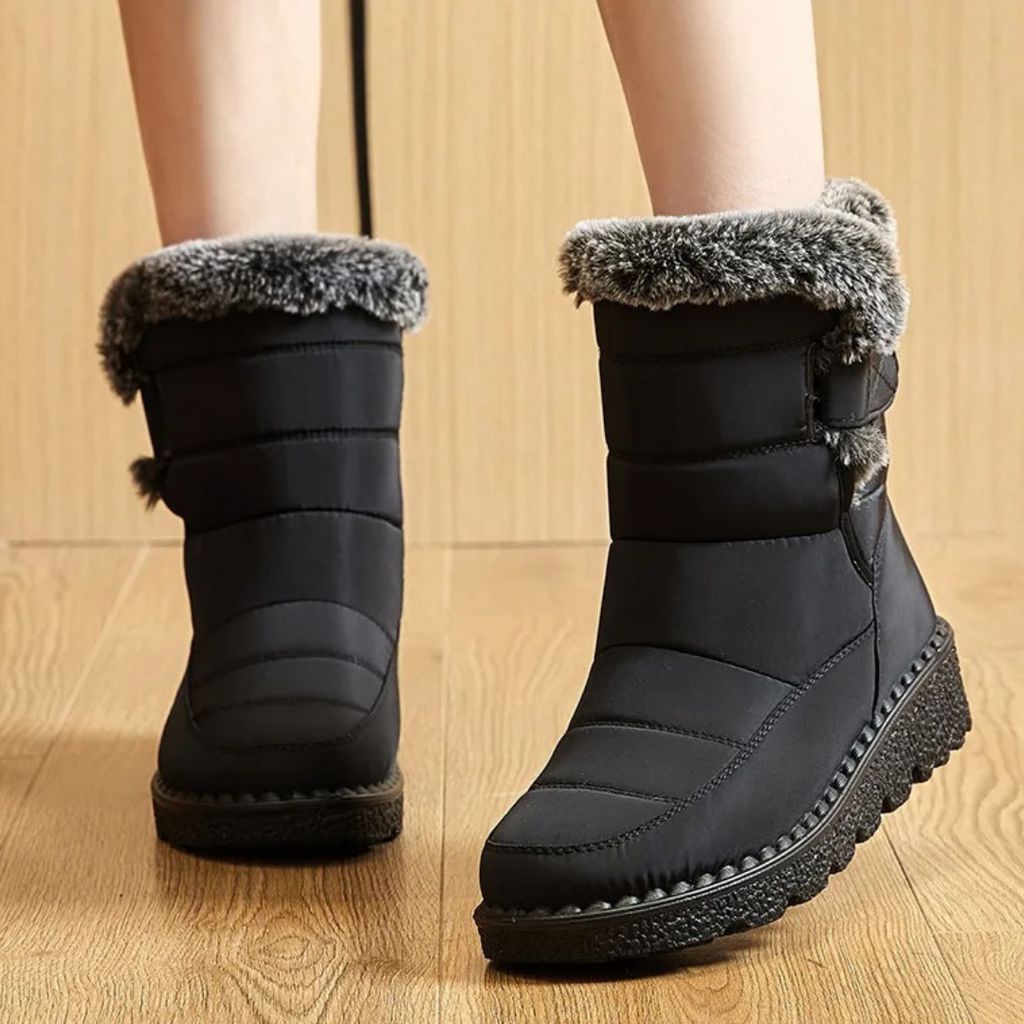 Women's Quilted Winter Boots with Plush Trim, Black – on foot view
