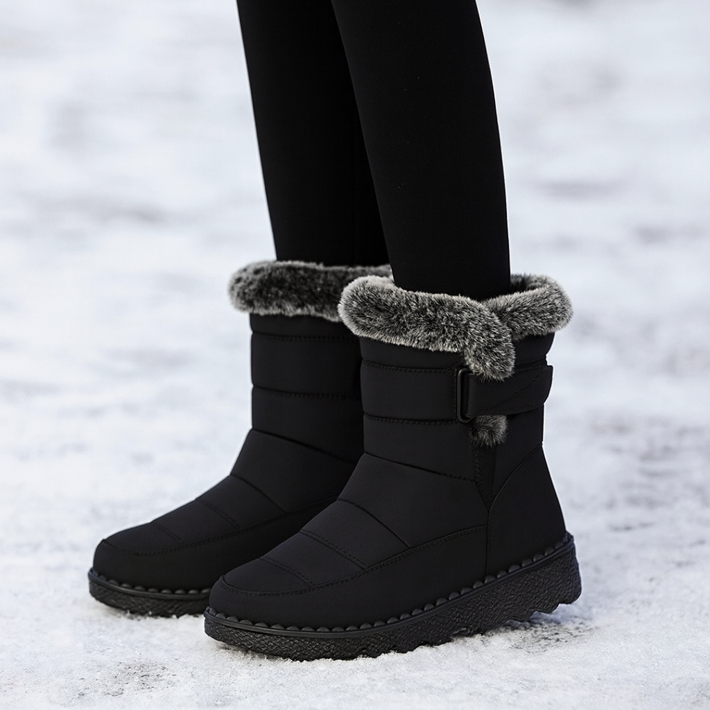 Women's Quilted Winter Boots with Plush Trim, Black – front view