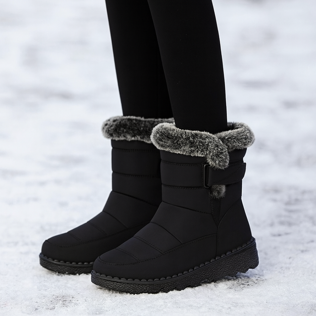 Women's Quilted Winter Boots with Plush Trim, Black – front view