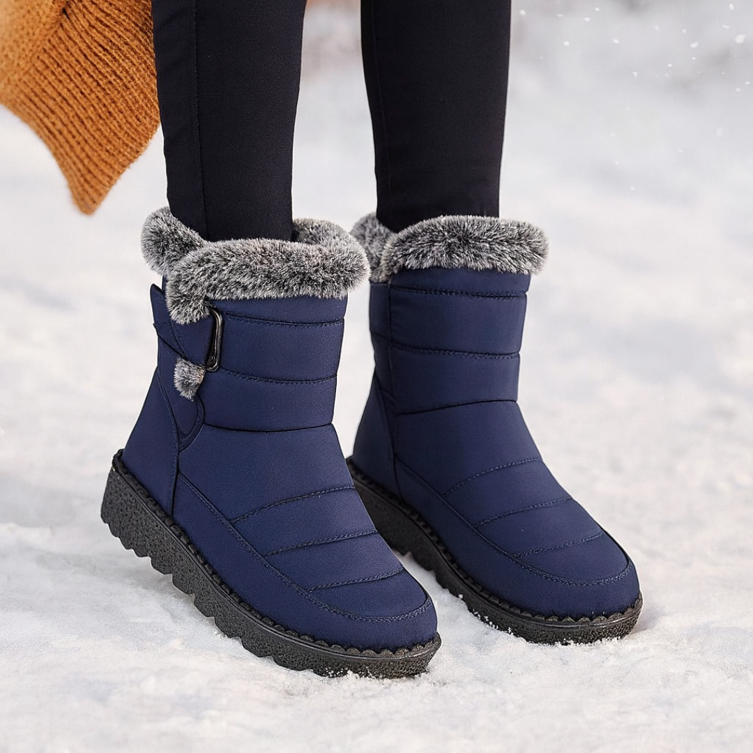 Women's Quilted Winter Boots with Plush Trim, Blue – front view