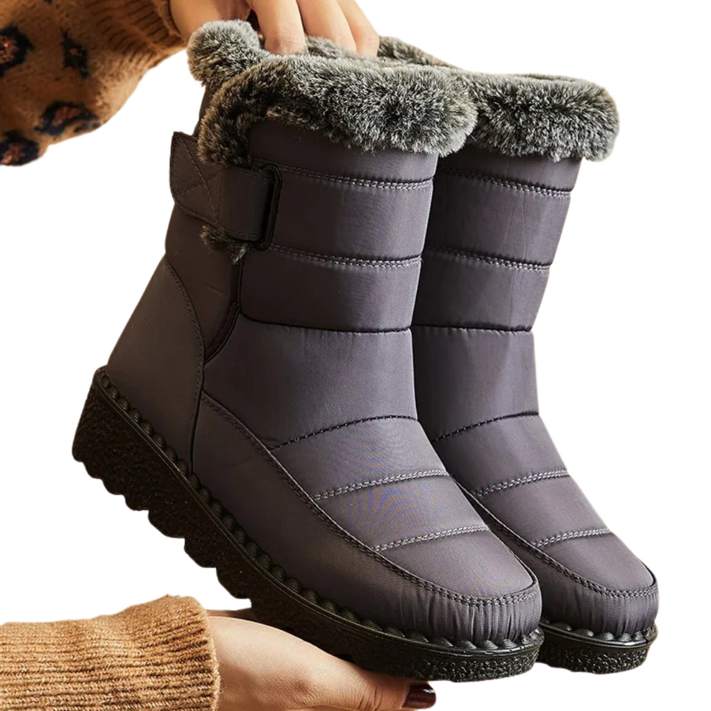 Women's Quilted Winter Boots with Plush Trim, Gray – product view