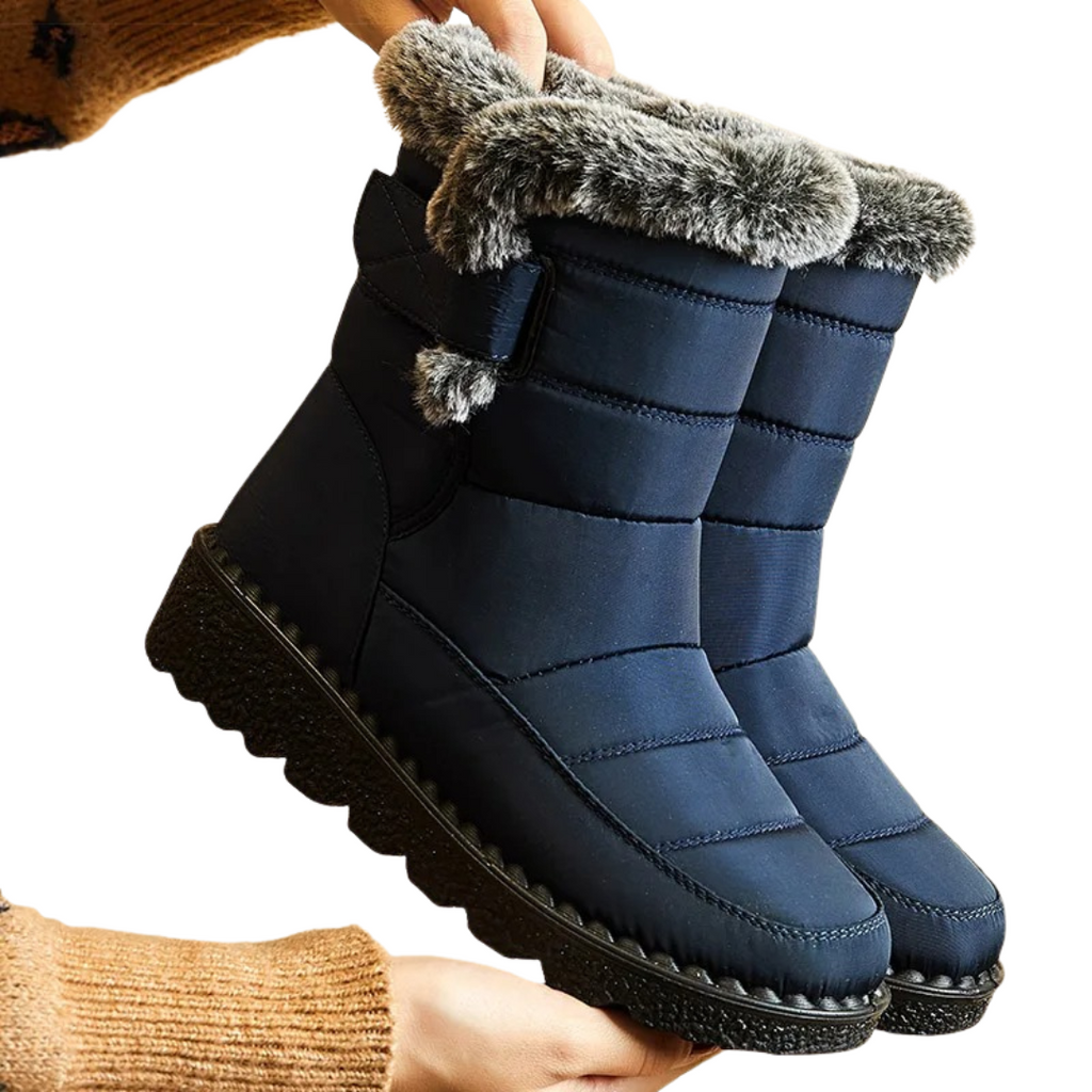 Women's Quilted Winter Boots with Plush Trim, Blue – product view