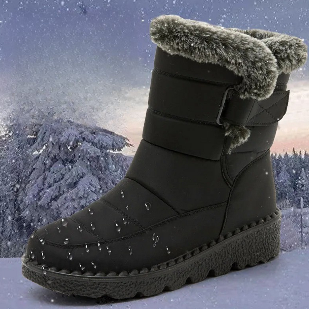 Women's Quilted Winter Boots with Plush Trim, Black – snow view