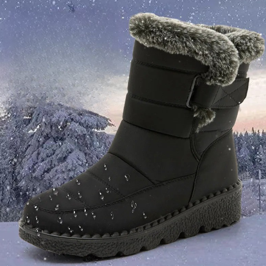 Women's Quilted Winter Boots with Plush Trim, Black – snow view