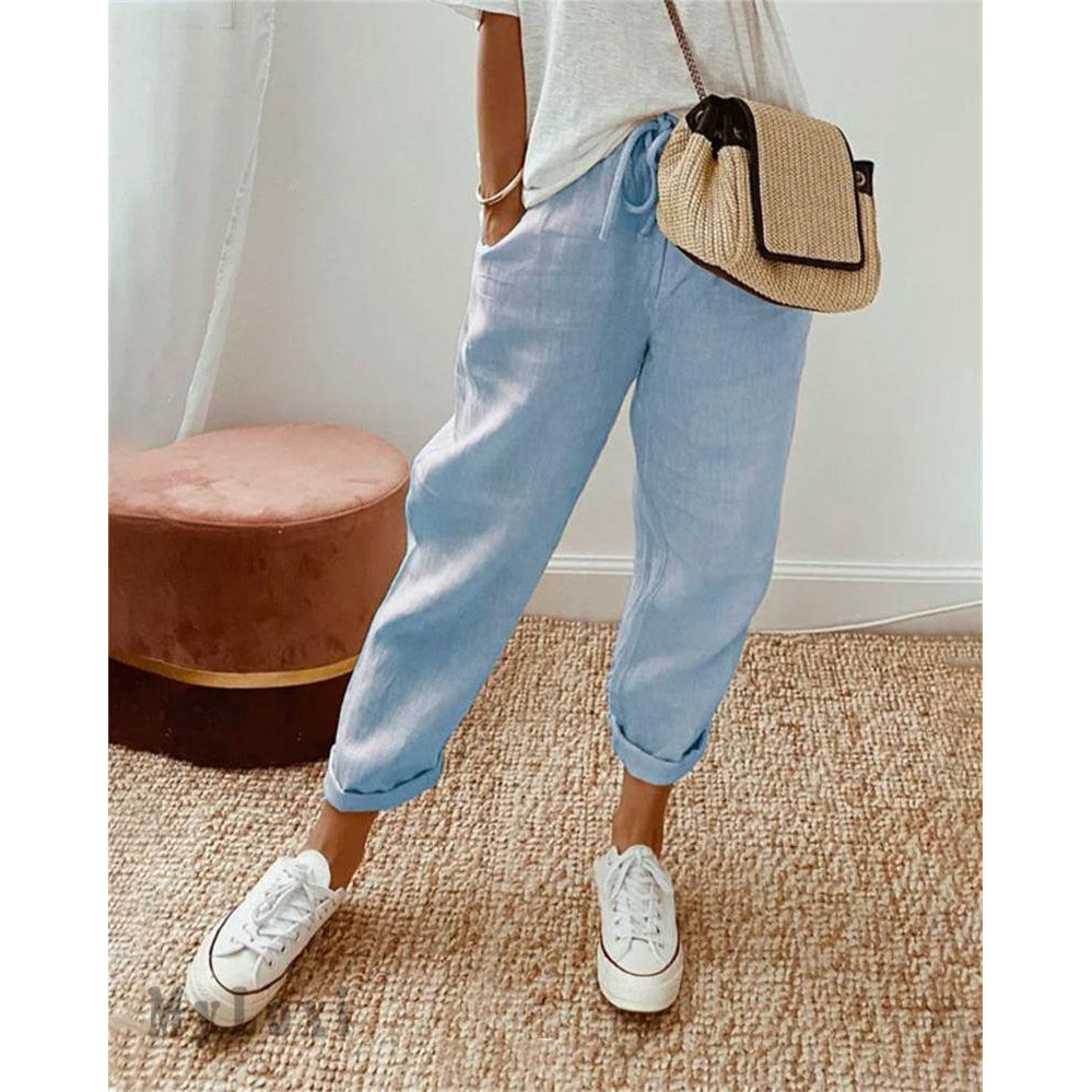 Women's Relaxed Fit Trousers with Cuffed Hem, Blue – front view