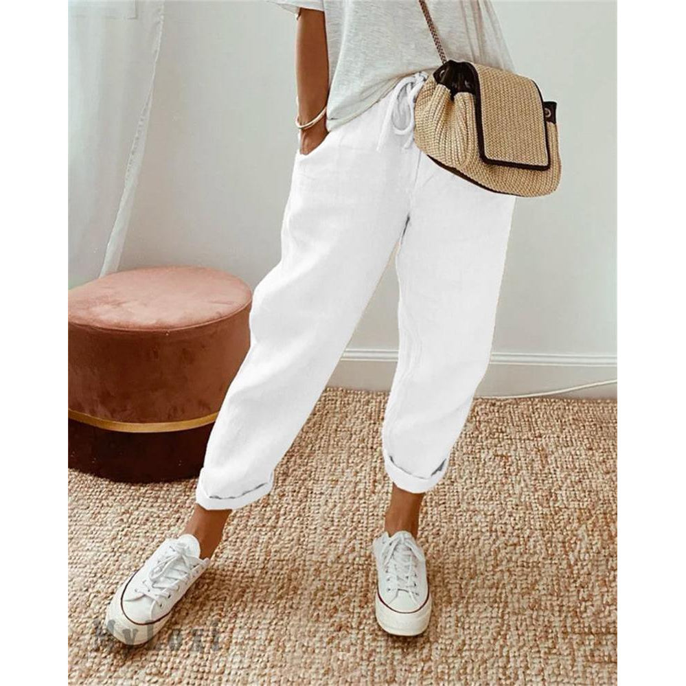Women's Relaxed Fit Trousers with Cuffed Hem, White – front view