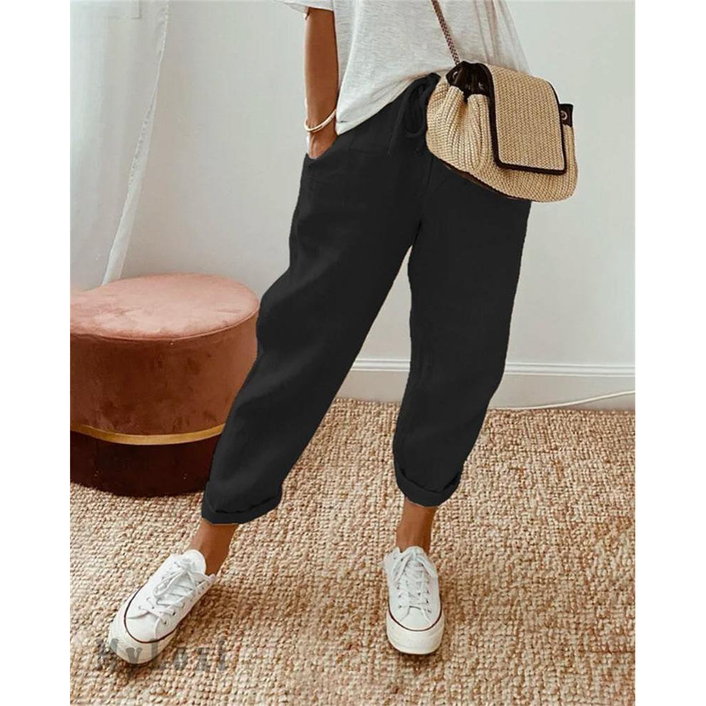 Women's Relaxed Fit Trousers with Cuffed Hem, Black – front view