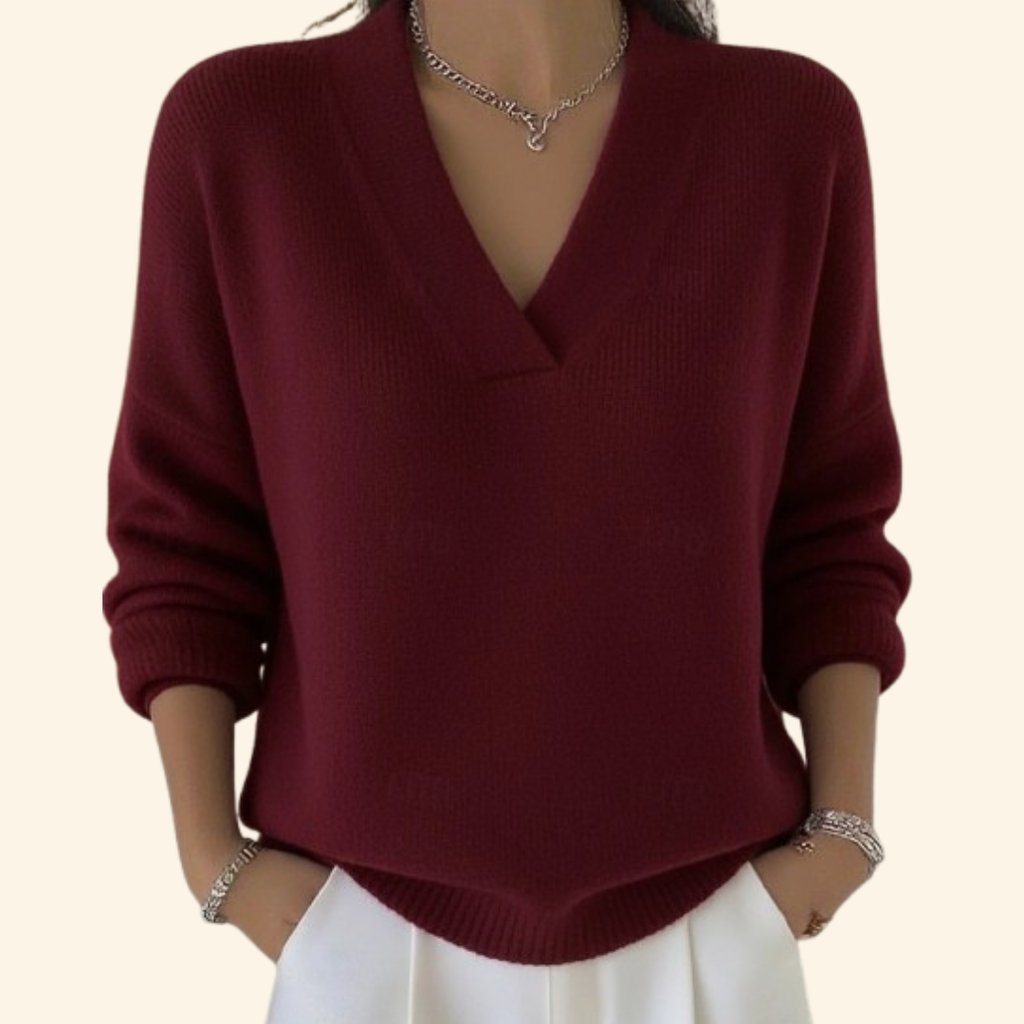 Women's Relaxed V-Neck Knit Sweater, Red – front view