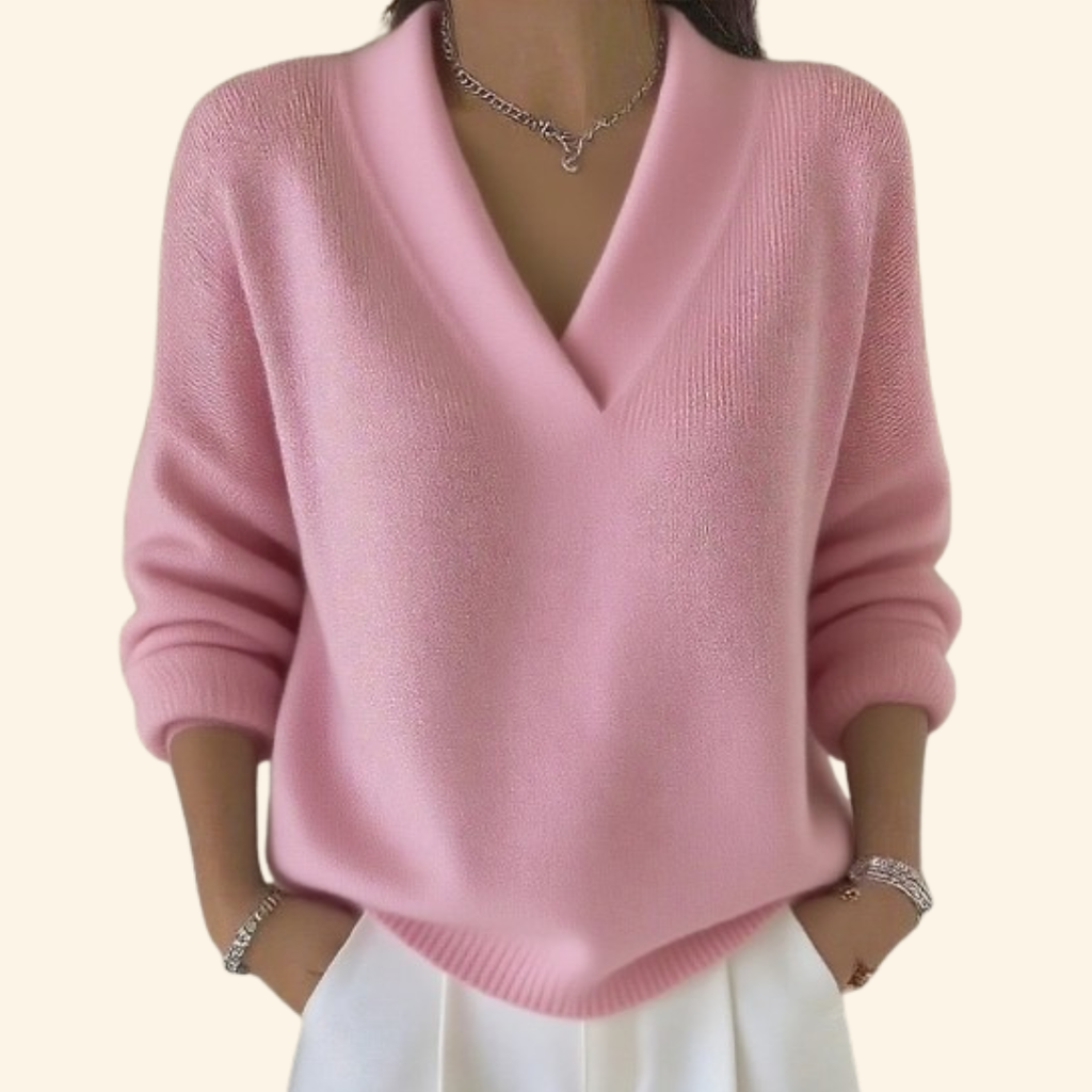 Women's Relaxed V-Neck Knit Sweater, Pink – front view