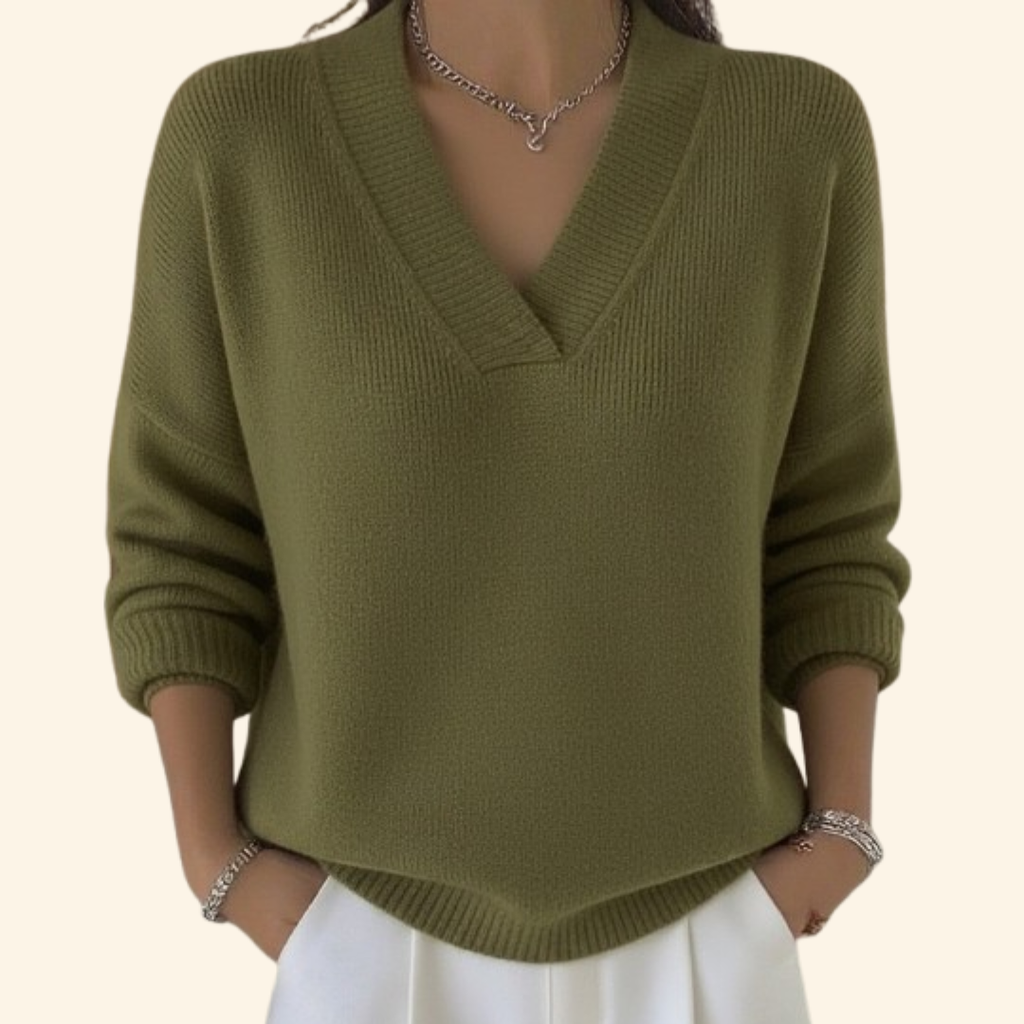 Women's Relaxed V-Neck Knit Sweater, Green – front view