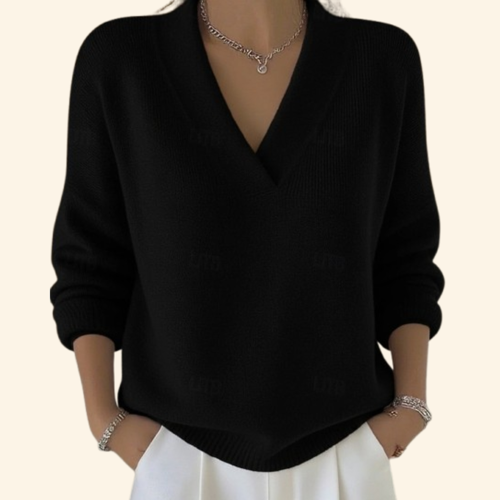 Women's Relaxed V-Neck Knit Sweater, Black – front view