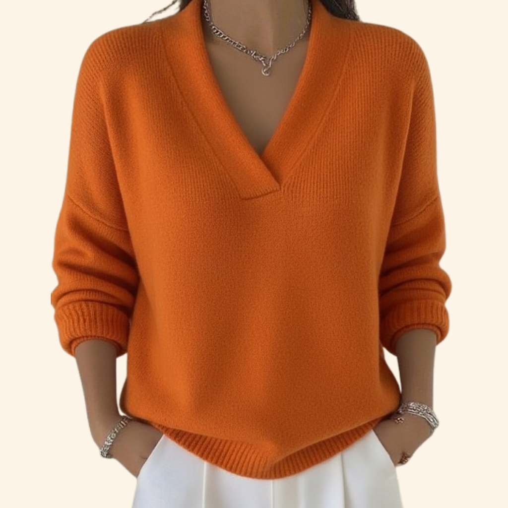 Women's Relaxed V-Neck Knit Sweater, Orange – front view