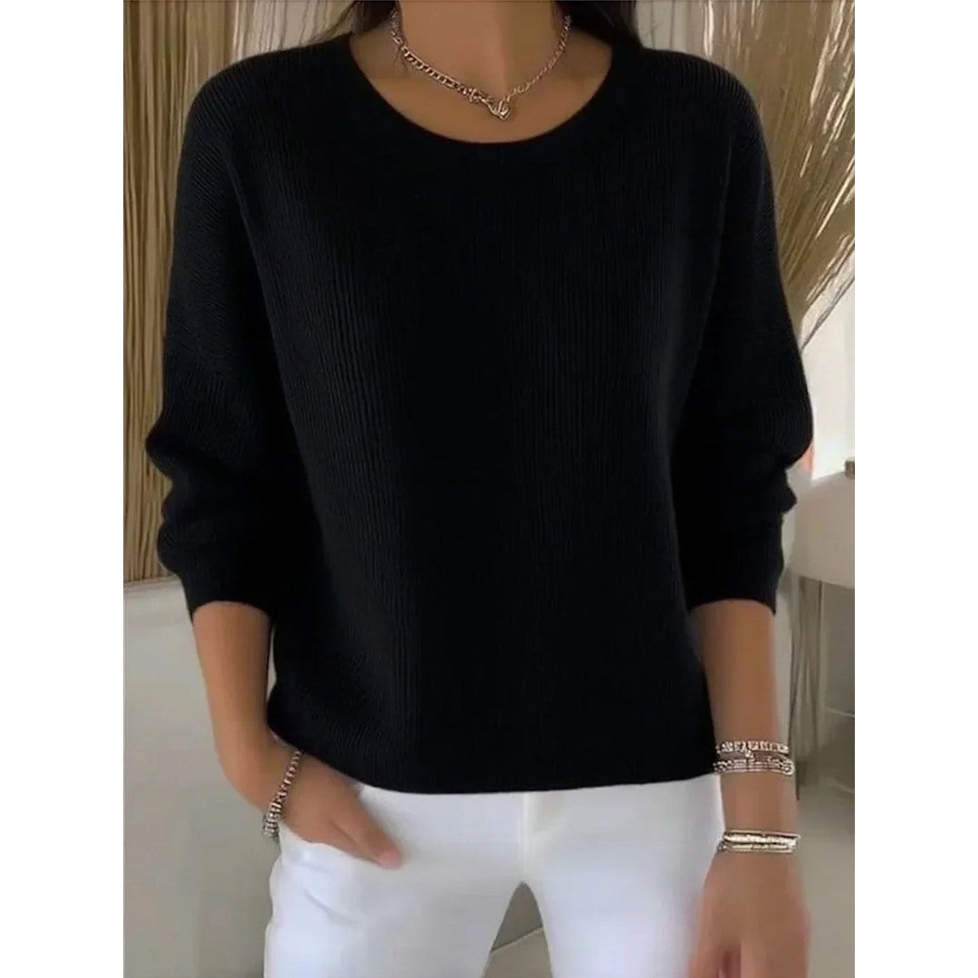 Women's Ribbed Crew Neck Sweater, Black – front view