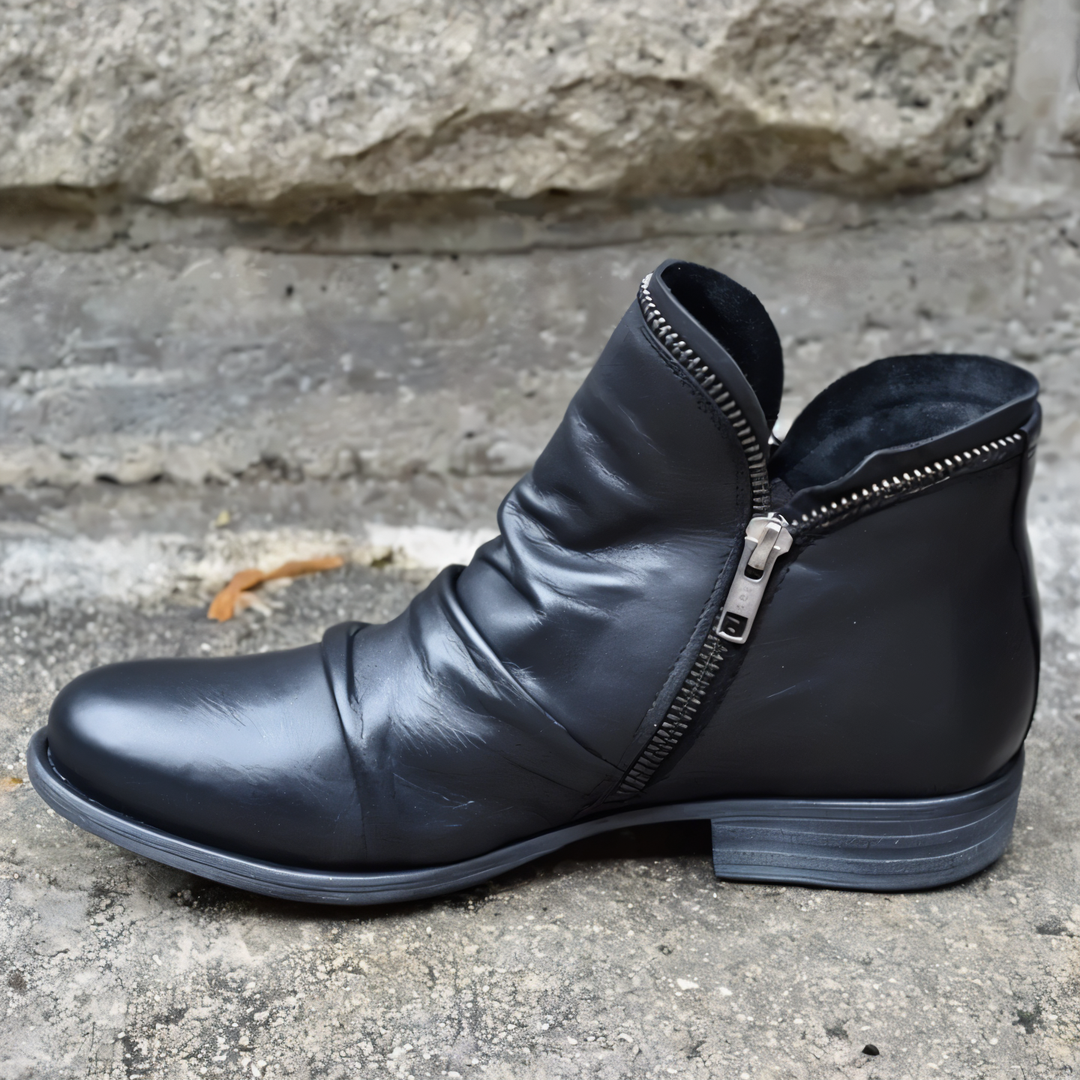 Women's Ruched Ankle Boots with Side Zip, Black – front view