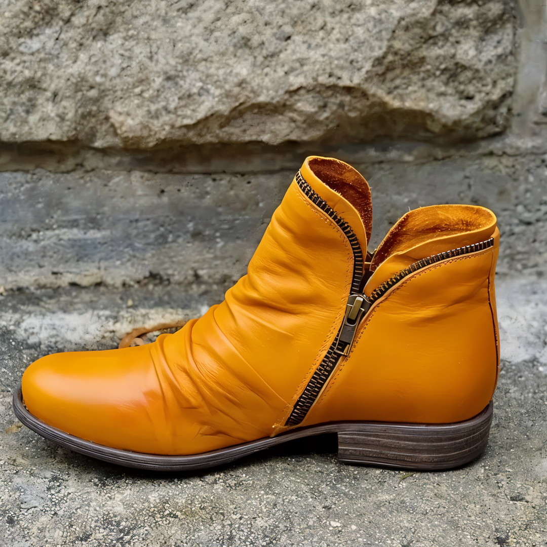 Women's Ruched Ankle Boots with Side Zip, Yellow – front view