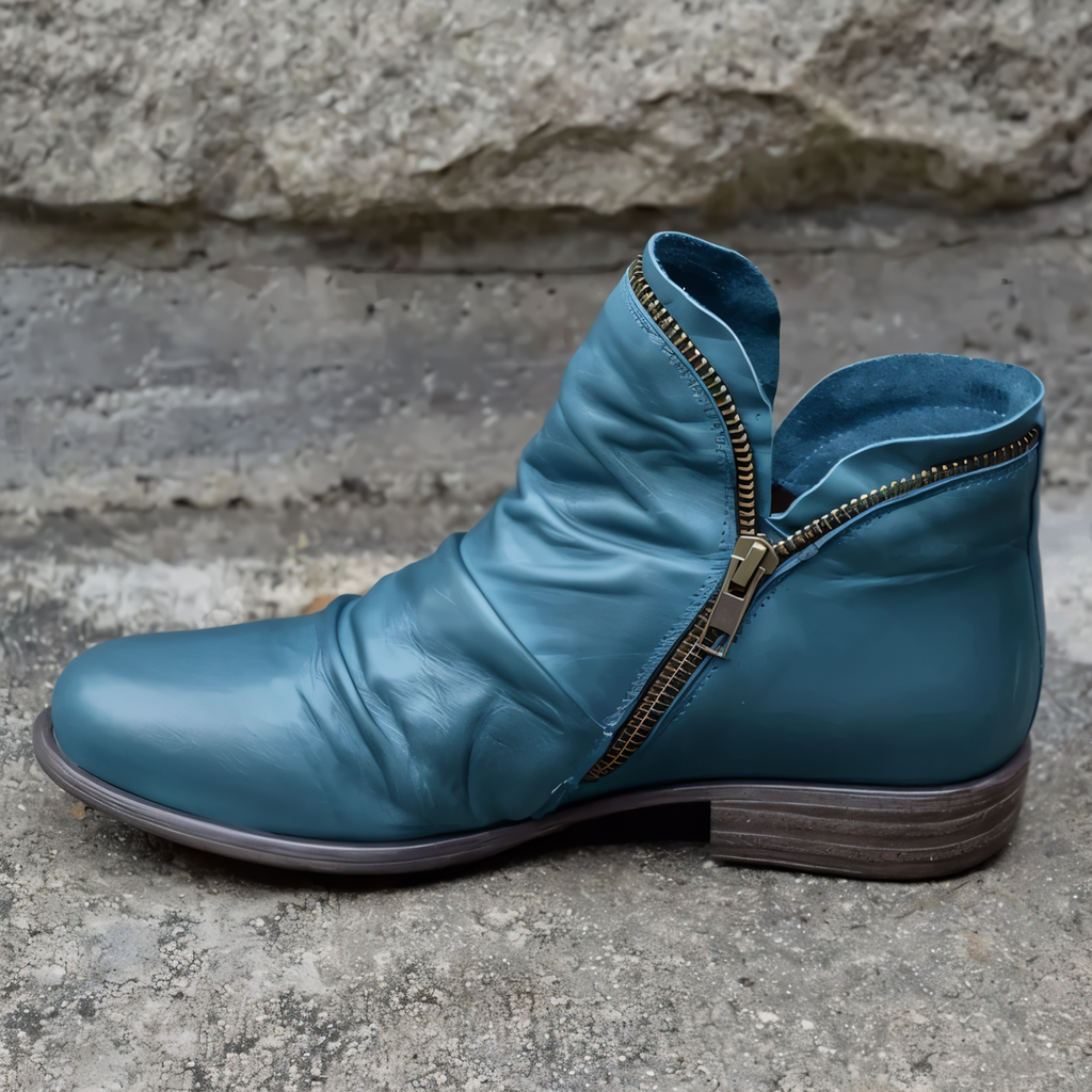 Women's Ruched Ankle Boots with Side Zip, Blue – front view