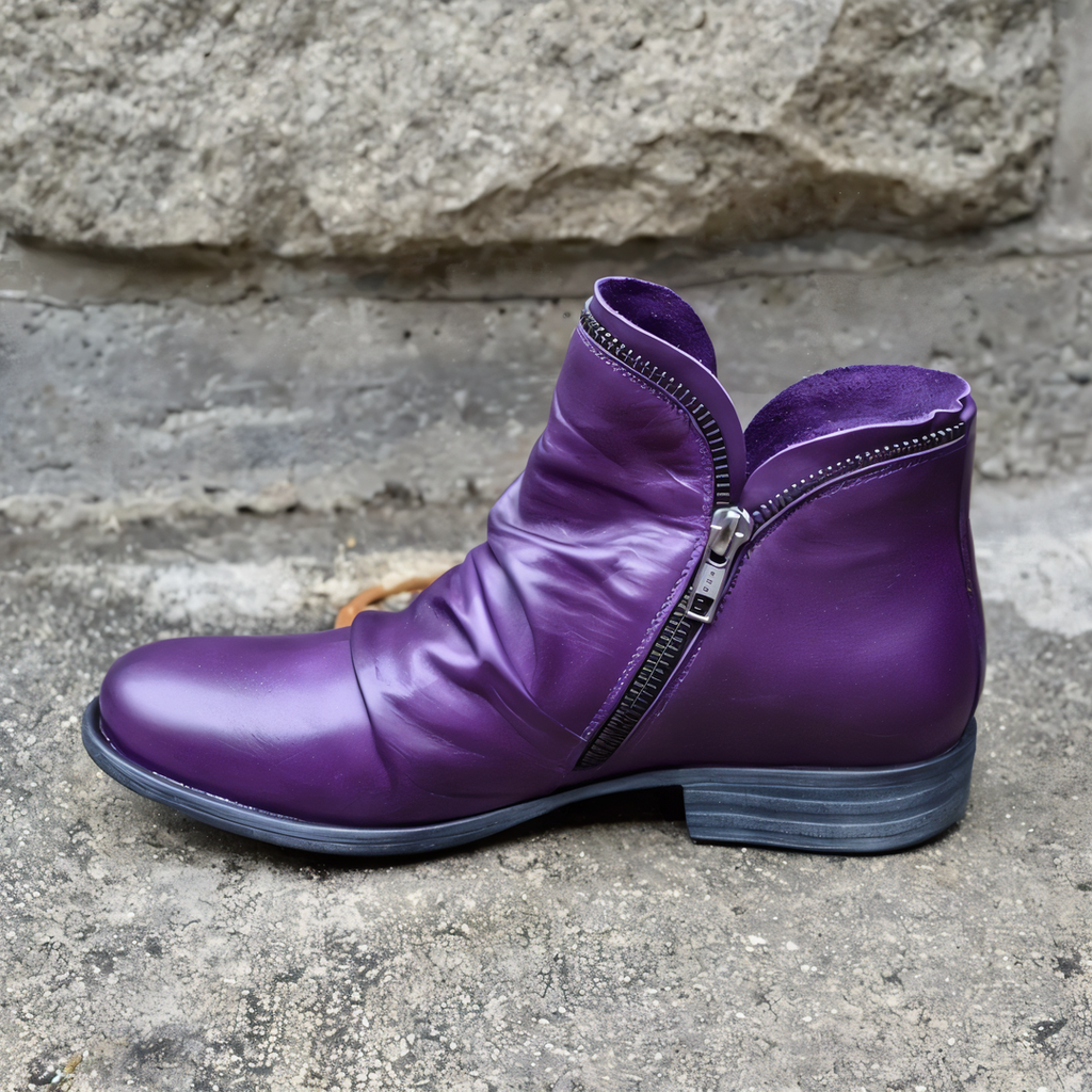 Women's Ruched Ankle Boots with Side Zip, Purple – front view