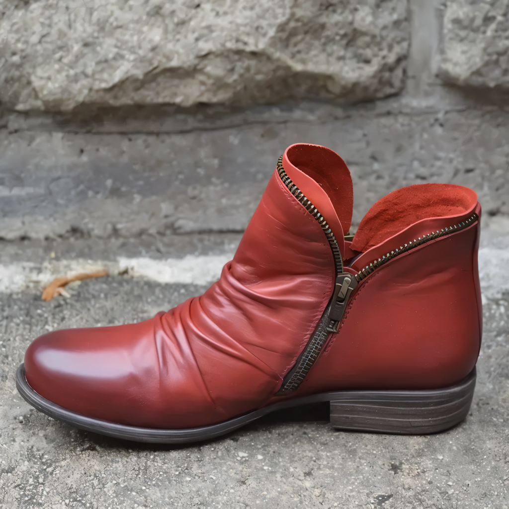 Women's Ruched Ankle Boots with Side Zip, Red – front view