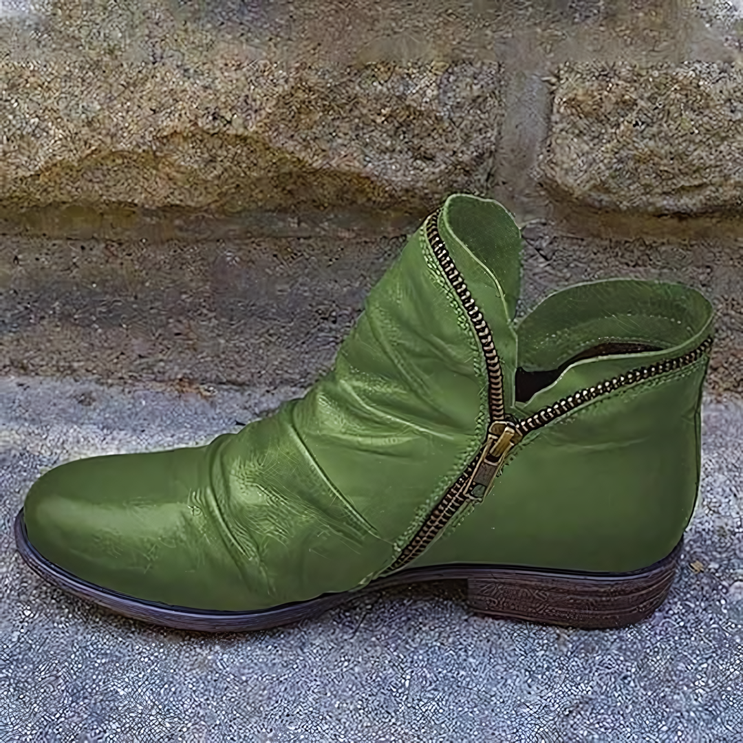 Women's Ruched Ankle Boots with Side Zip, Green – front view