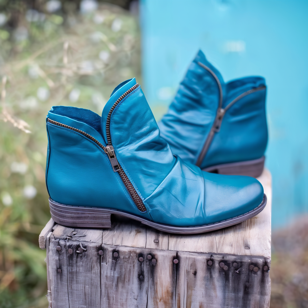 Women's Ruched Ankle Boots with Side Zip, Blue – outdoor side view