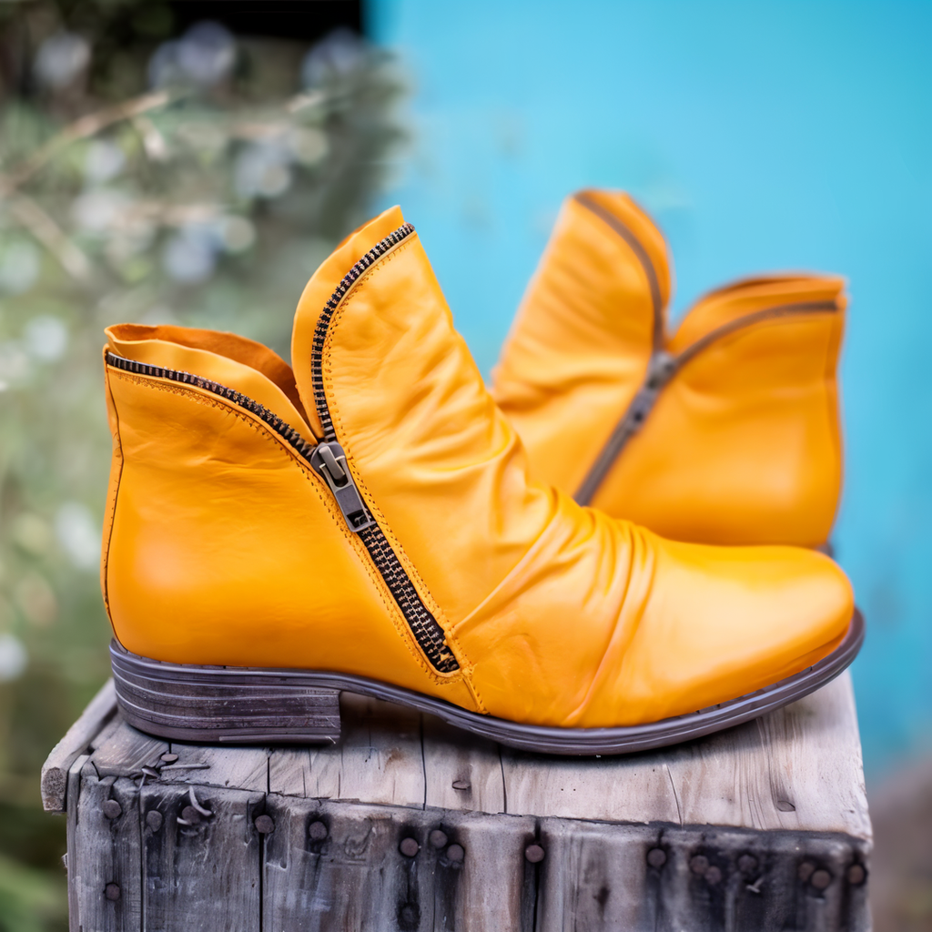 Women's Ruched Ankle Boots with Side Zip, Yellow – outdoor side view