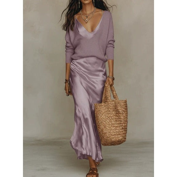 Women's Satin Midi Dress Set with V-Neck Sweater, Mauve – front view