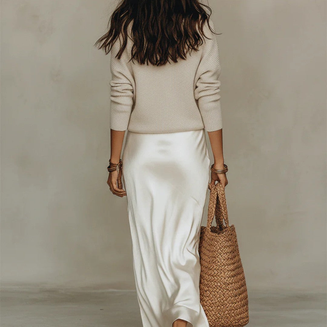 Women's Satin Midi Dress Set with V-Neck Sweater, White – back view