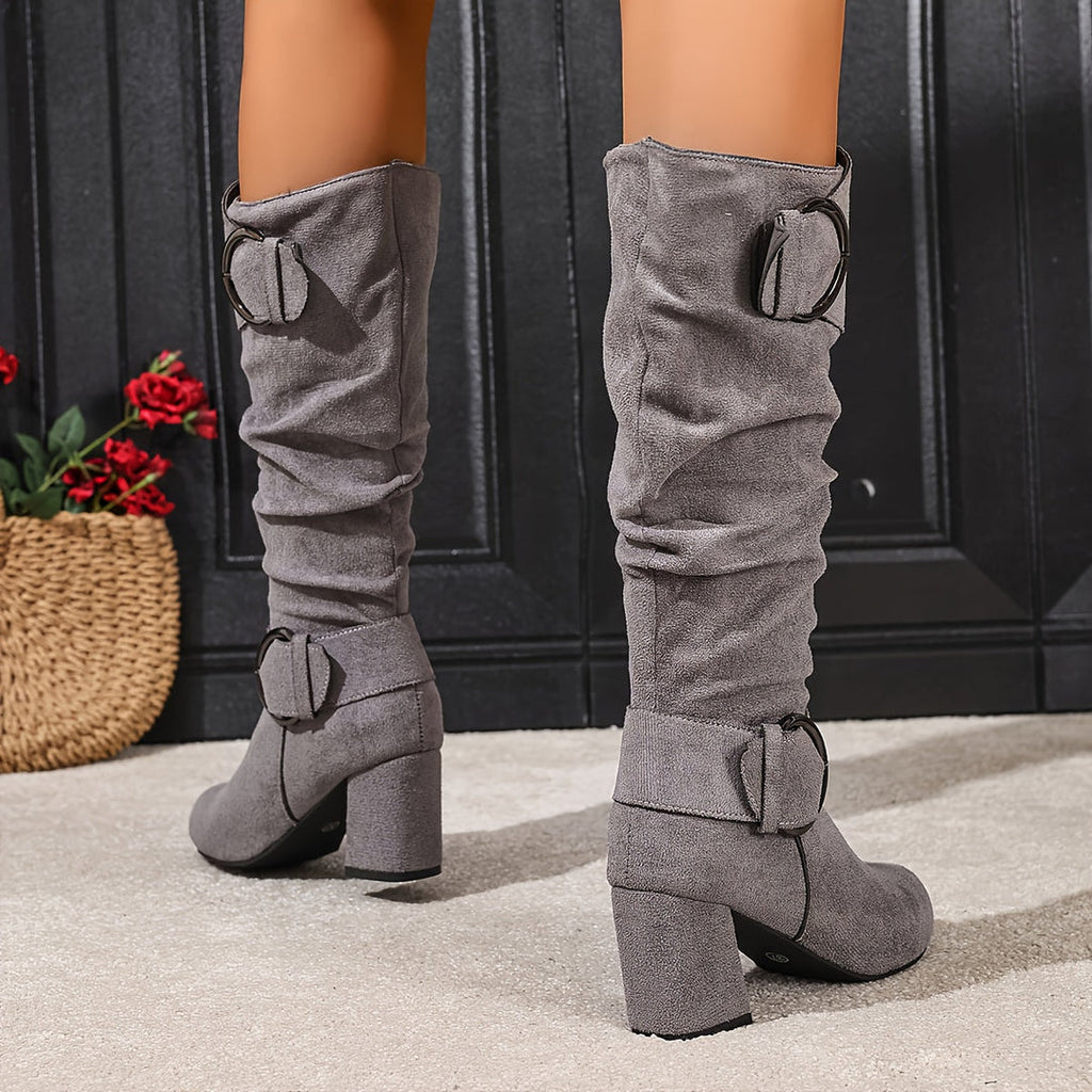 Women's Slouch Knee High Boots with Buckle, Gray – side view
