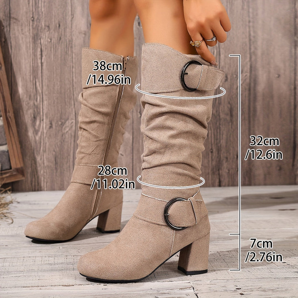 Women's Slouch Knee High Boots with Buckle, Beige – back view