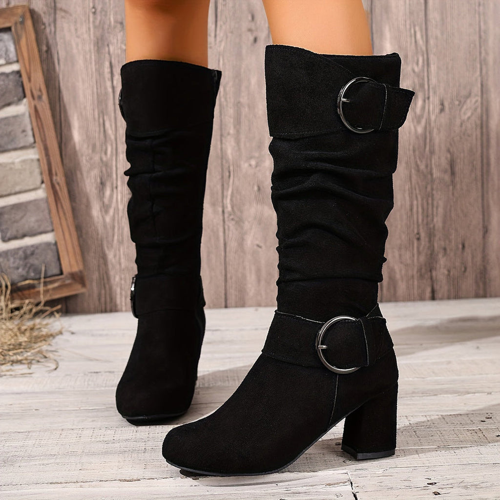 Women's Slouch Knee High Boots with Buckle, Black – front view