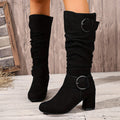 Women's Slouch Knee High Boots with Buckle, Black – front view