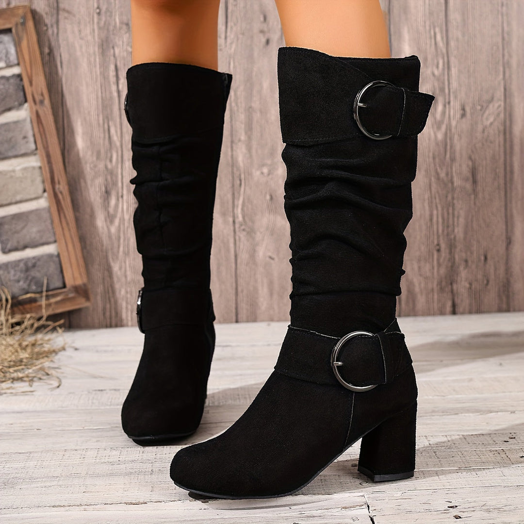 Women's Slouch Knee High Boots with Buckle, Black – front view