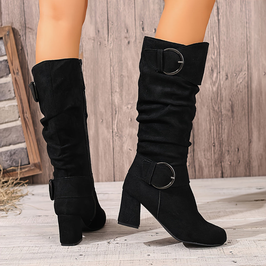 Women's Slouch Knee High Boots with Buckle, Black – side view