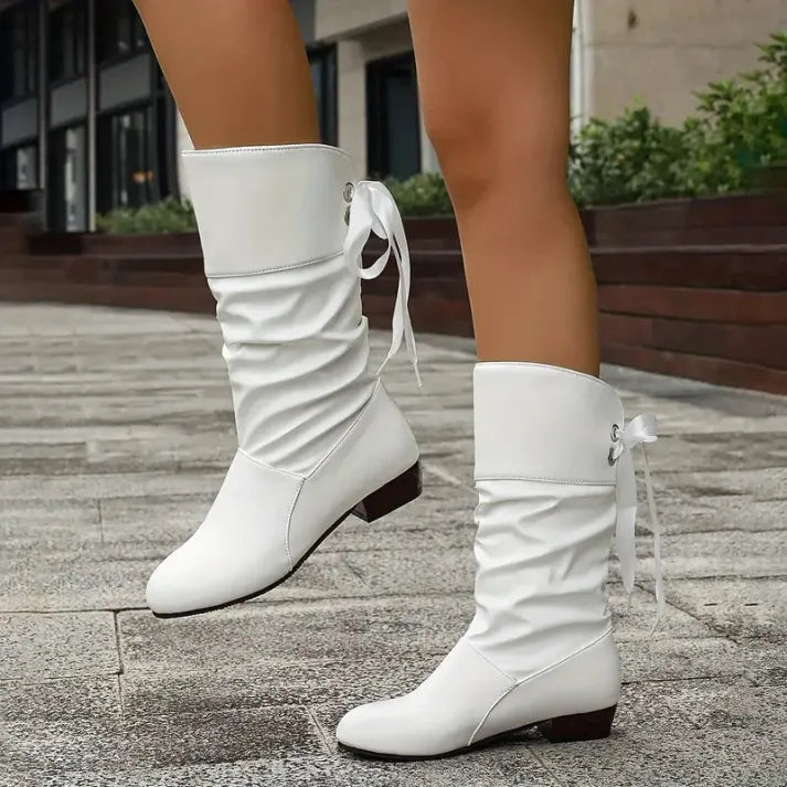 Women's Slouch Mid Calf Boots, White – lace detail