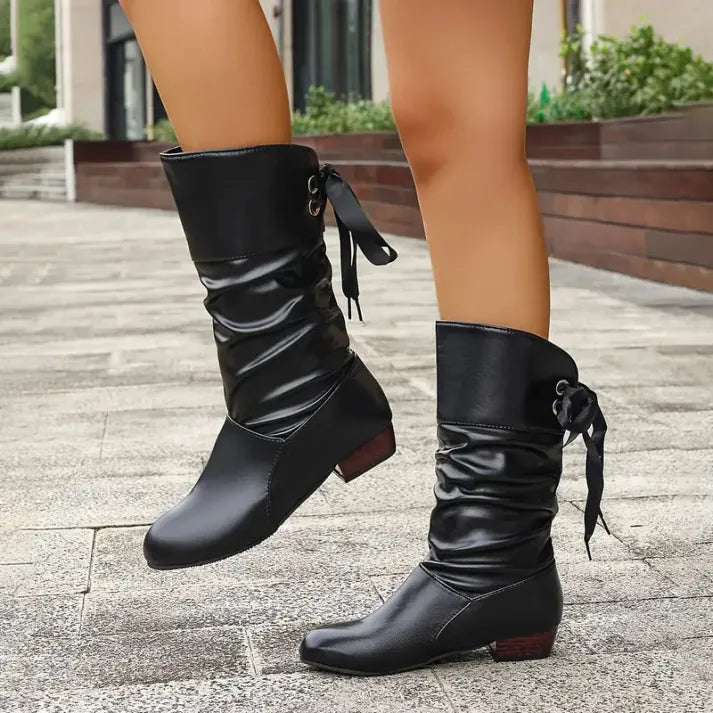 Women's Slouch Mid Calf Boots, Black – back lace detail
