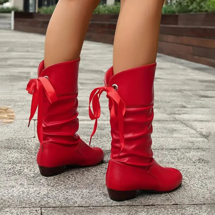 Women's Slouch Mid Calf Boots, Red – back lace detail