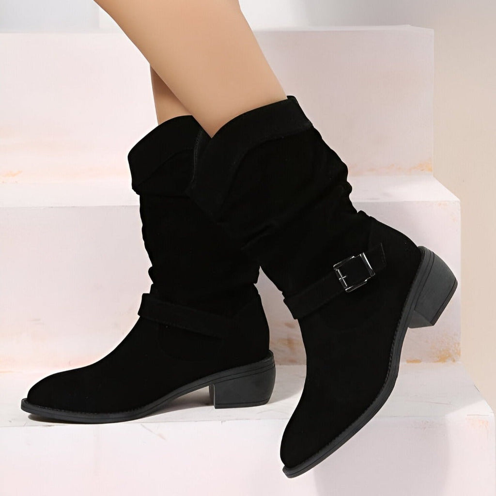 Women's Slouchy Suede Look Boots, Black – front view