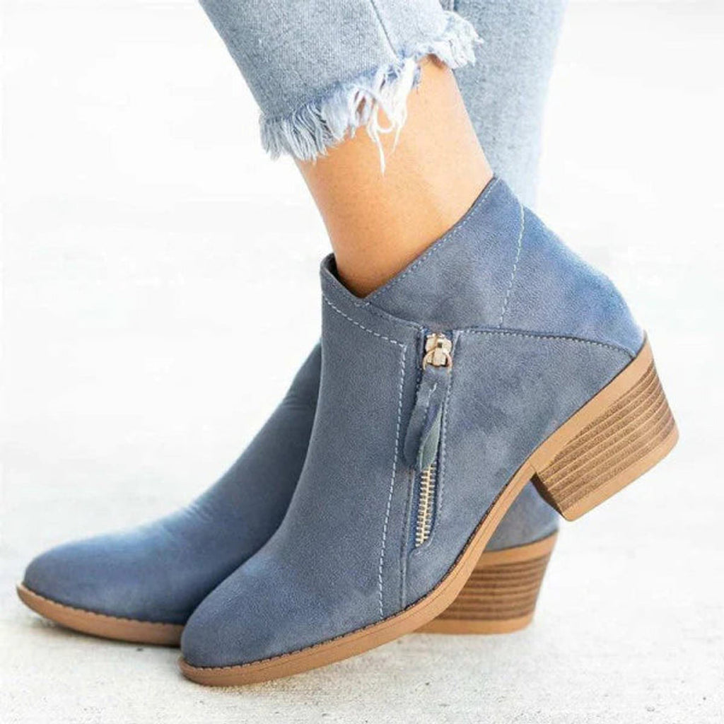 Women's Suede Look Ankle Boots with Side Zip, Blue – front view