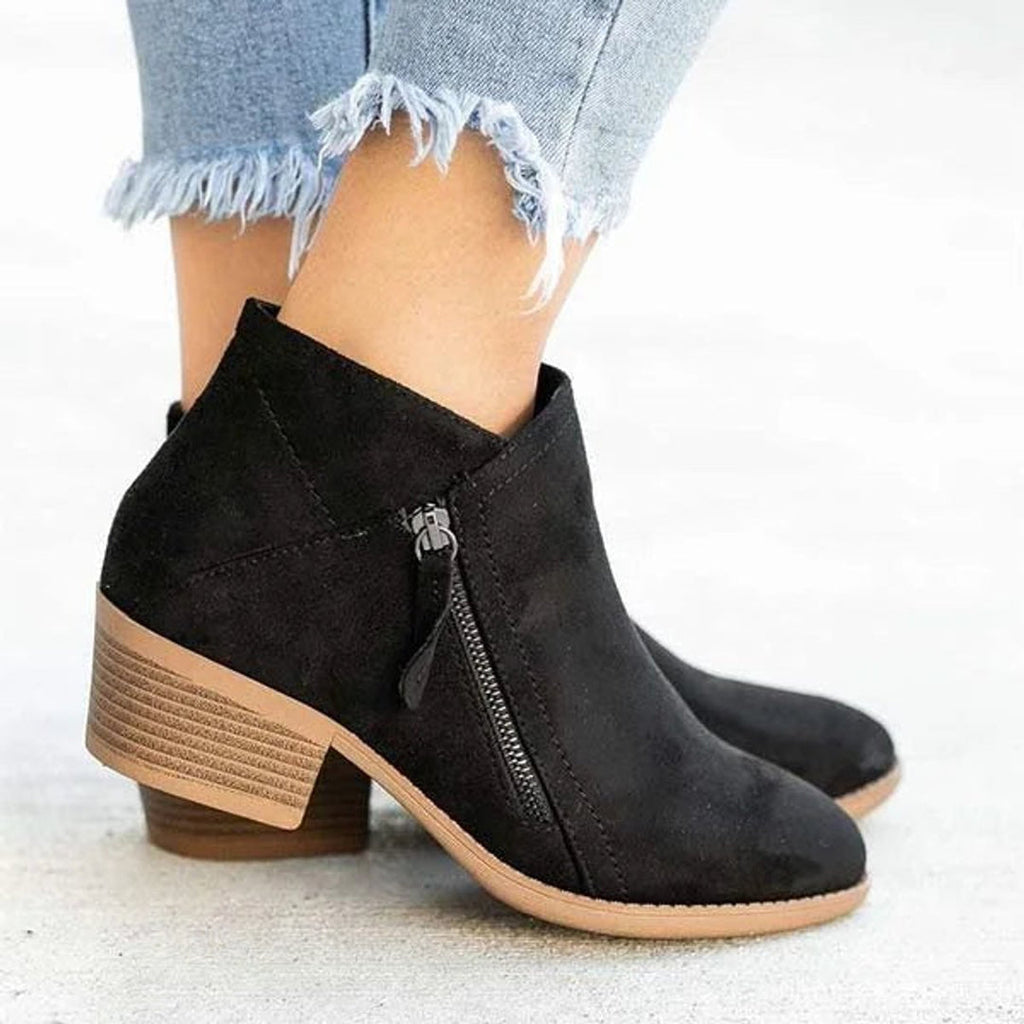 Women's Suede Look Ankle Boots with Side Zip, Black – front view