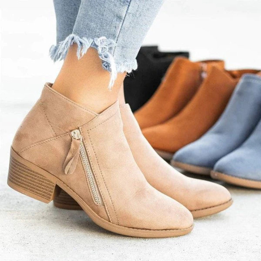 Women's Suede Look Ankle Boots with Side Zip, Beige – front view