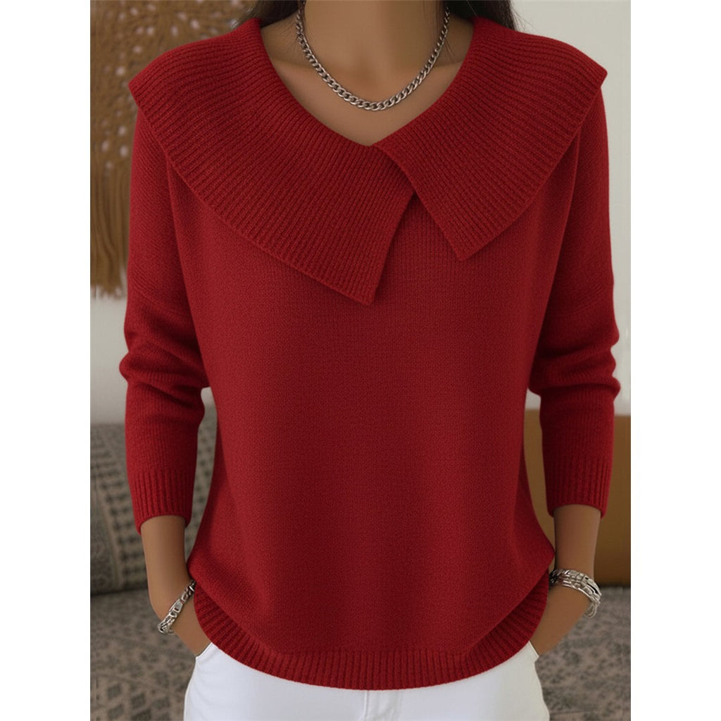 Women's Sweater with Wide Folded Collar, Red – front view