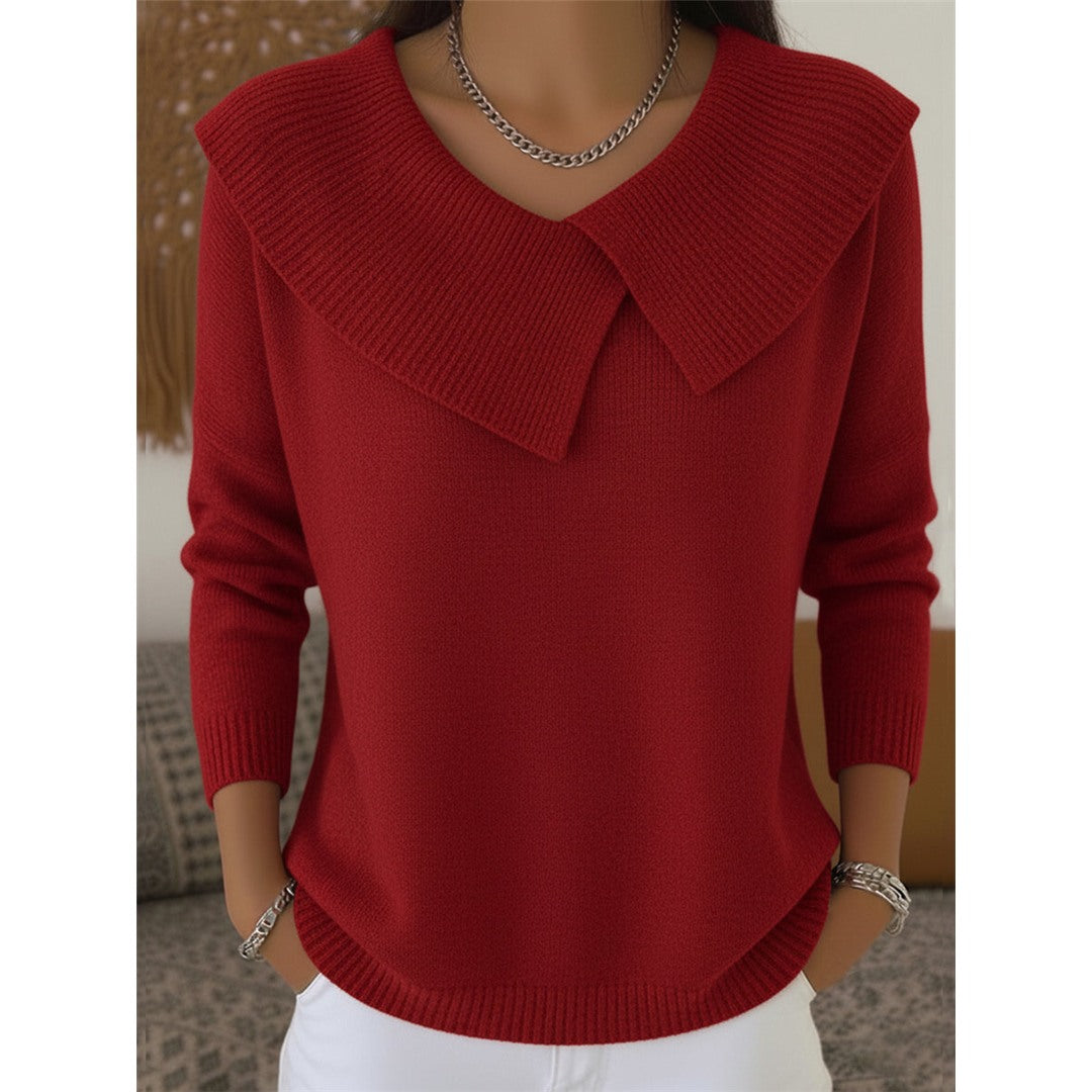 Women's Sweater with Wide Folded Collar, Red – front view