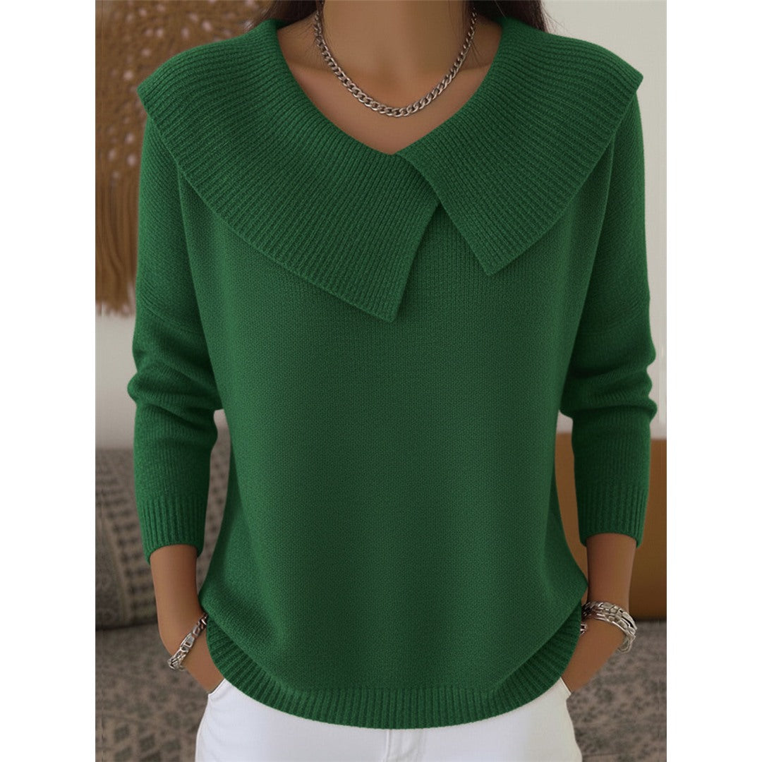 Women's Sweater with Wide Folded Collar, Green – front view