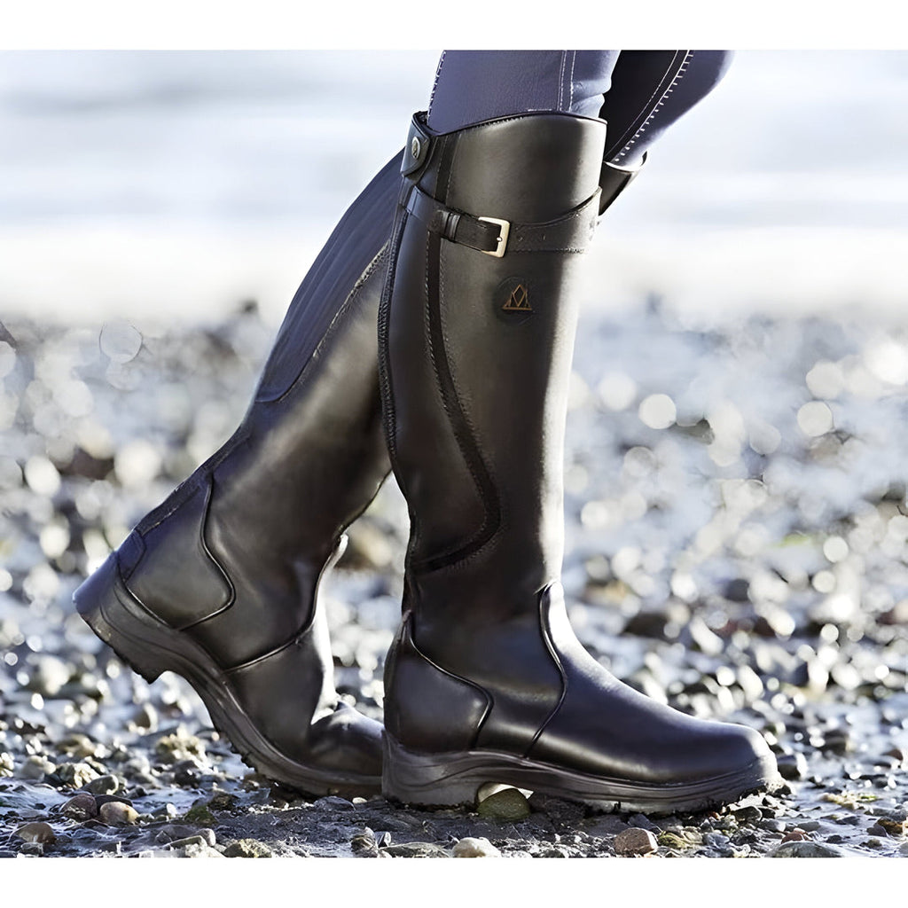 Women's Tall Riding Boots with Strap Detail, Black – front view