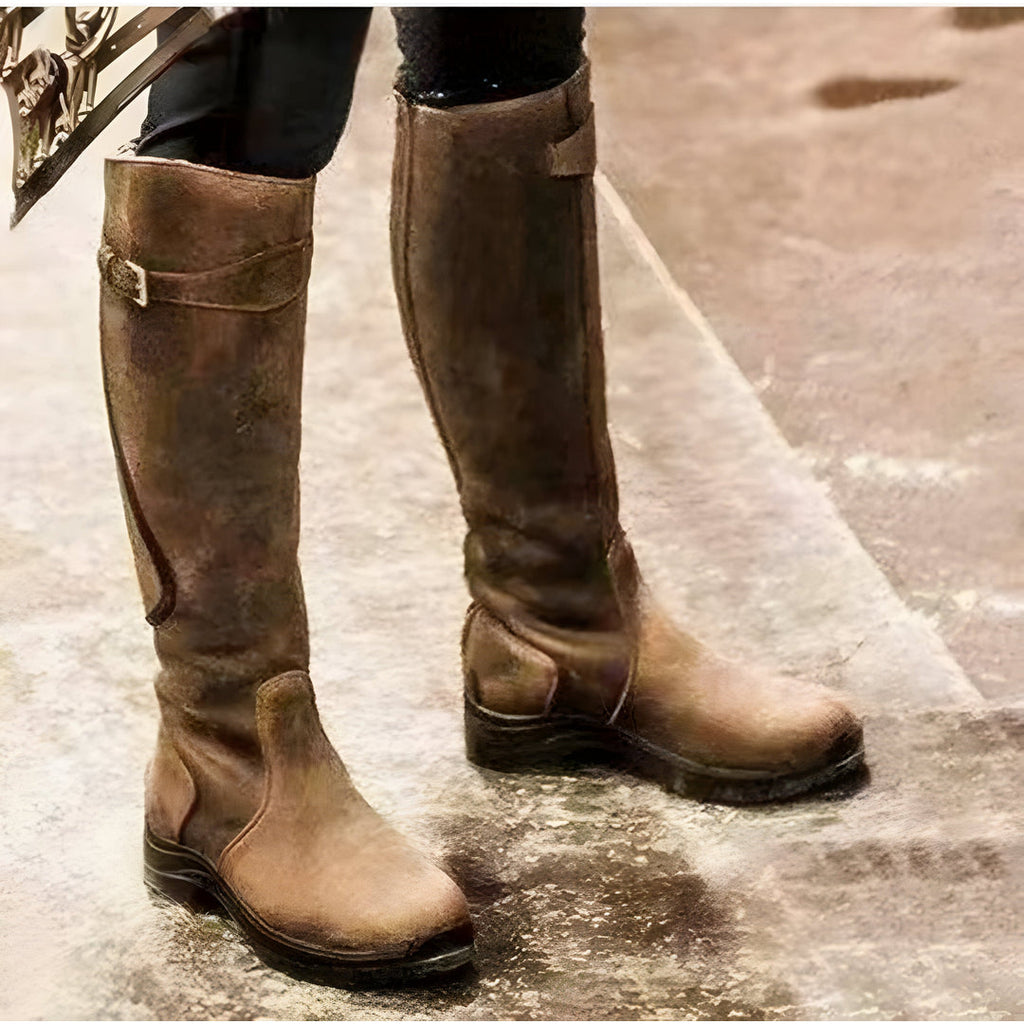 Women's Tall Riding Boots with Strap Detail, Brown – front view