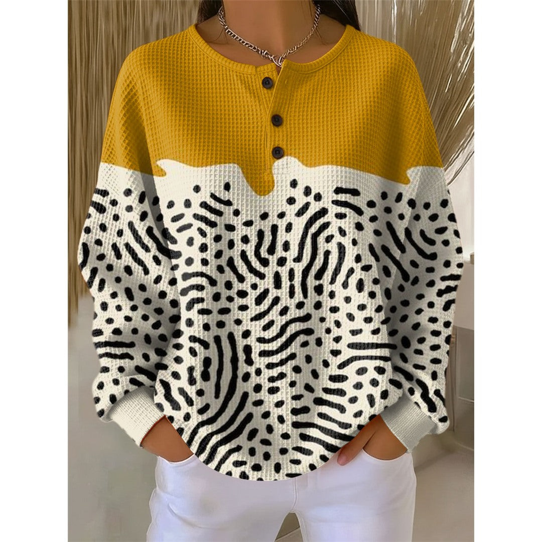 Women's Waffle Knit Henley Sweater, Yellow Dot – front view