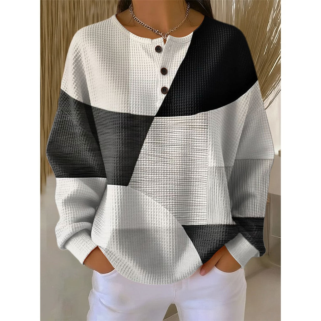 Women's Waffle Knit Henley Sweater, Black White Block – front view