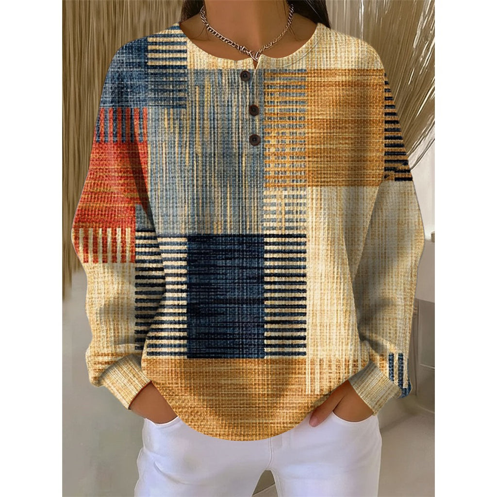 Women's Waffle Knit Henley Sweater, Multicolor Patchwork – front view