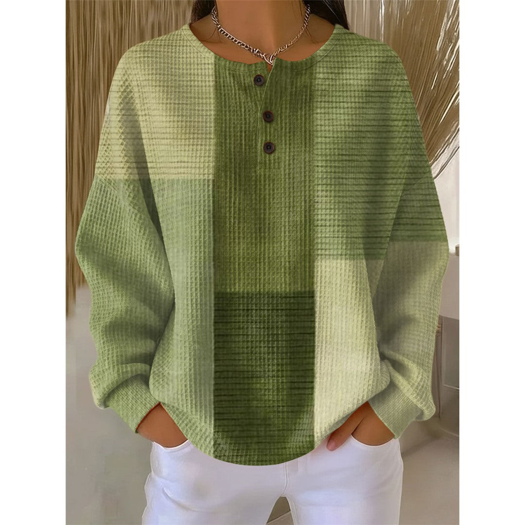 Women's Waffle Knit Henley Sweater, Green Block – front view