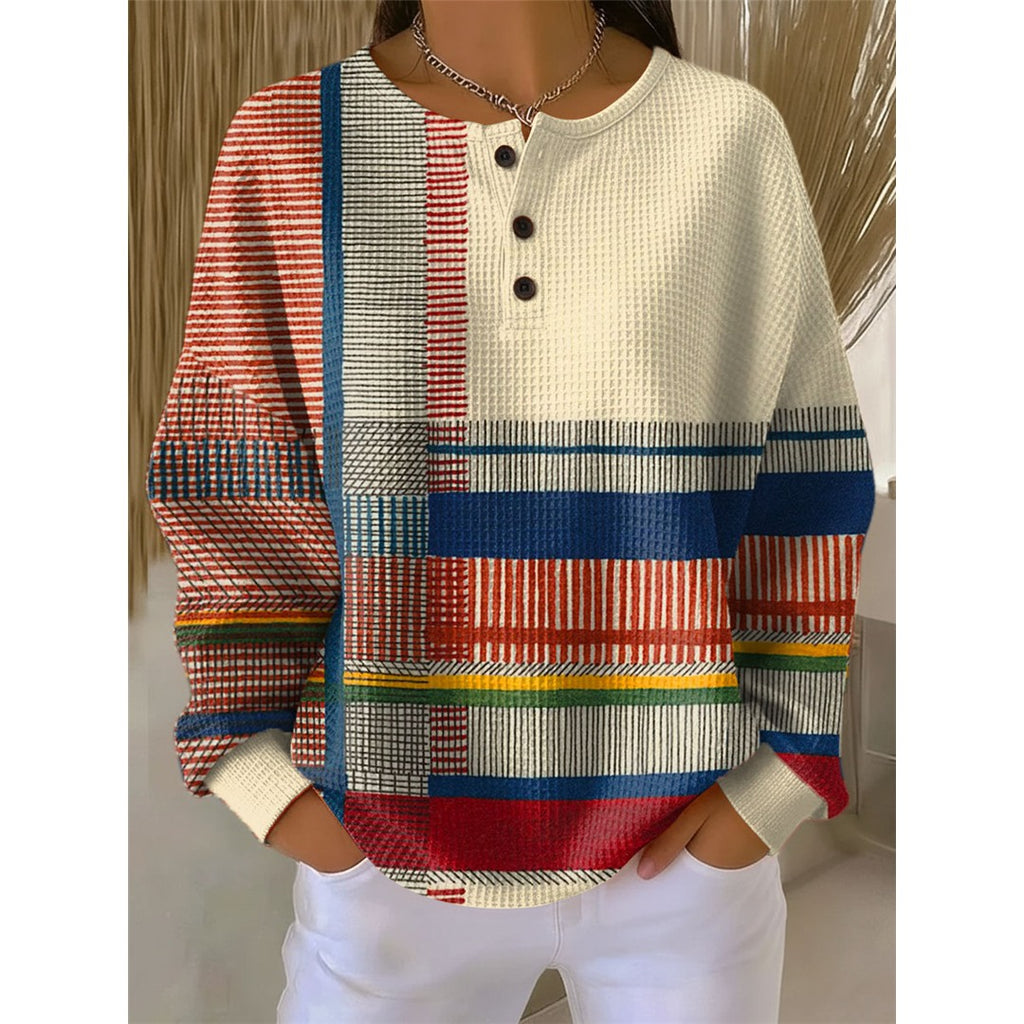 Women's Waffle Knit Henley Sweater, Red Stripe – front view